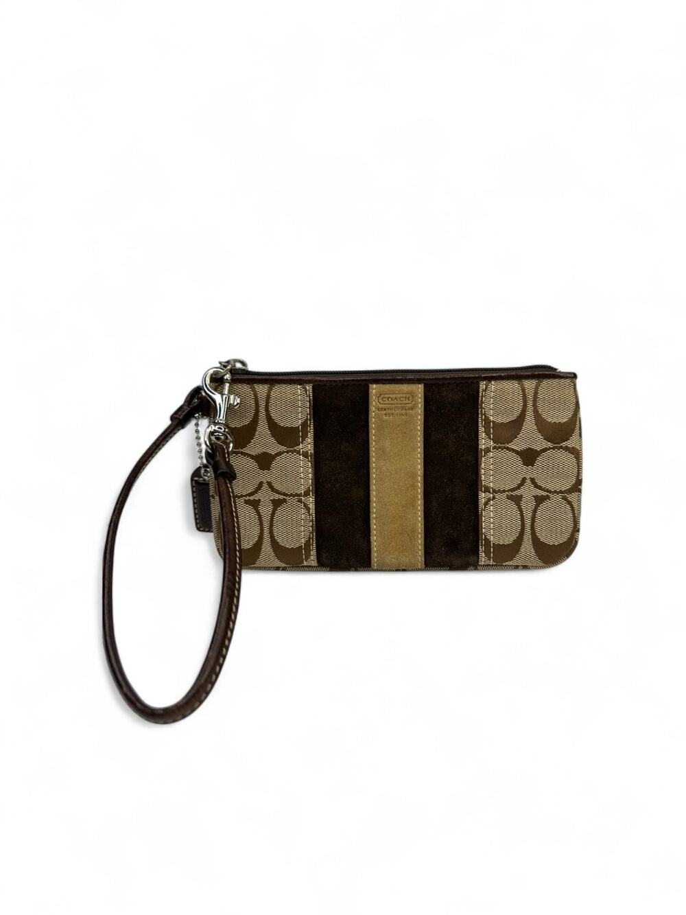 Vintage Y2K Coach Signature Jacquard Canvas Suede Stripe Wristlet Brown